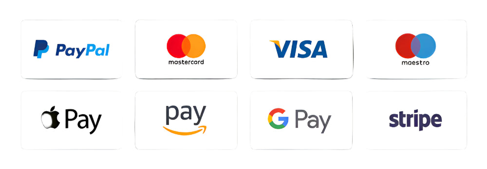 Logos of various payment methods including PayPal, Mastercard, Visa, Maestro, Apple Pay, Amazon Pay, Google Pay, and Stripe on a black background.