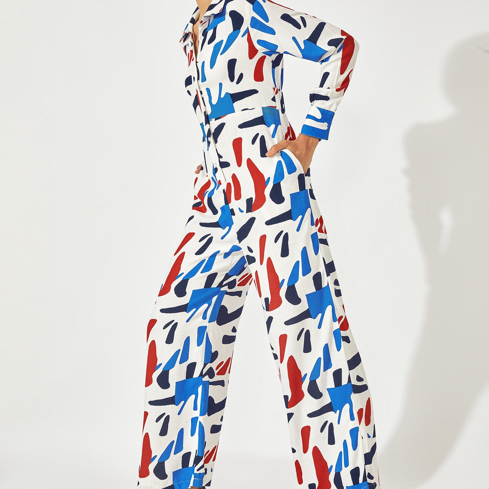 Abstract Print Belted Jumpsuit