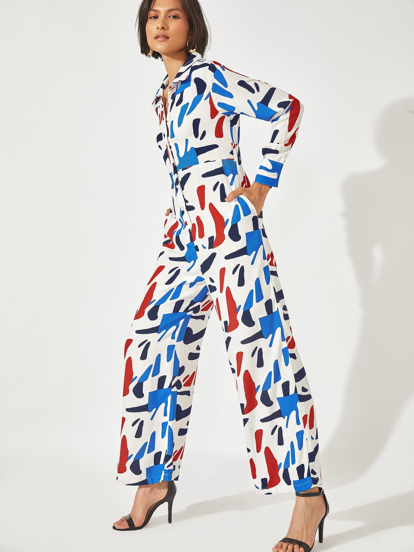 Abstract Print Belted Jumpsuit