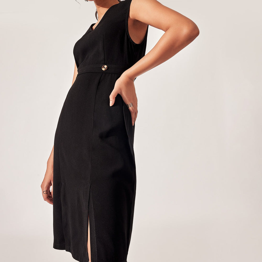 Black Front Slit Sheath Dress