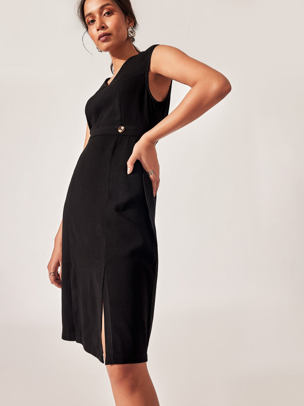 Black Front Slit Sheath Dress