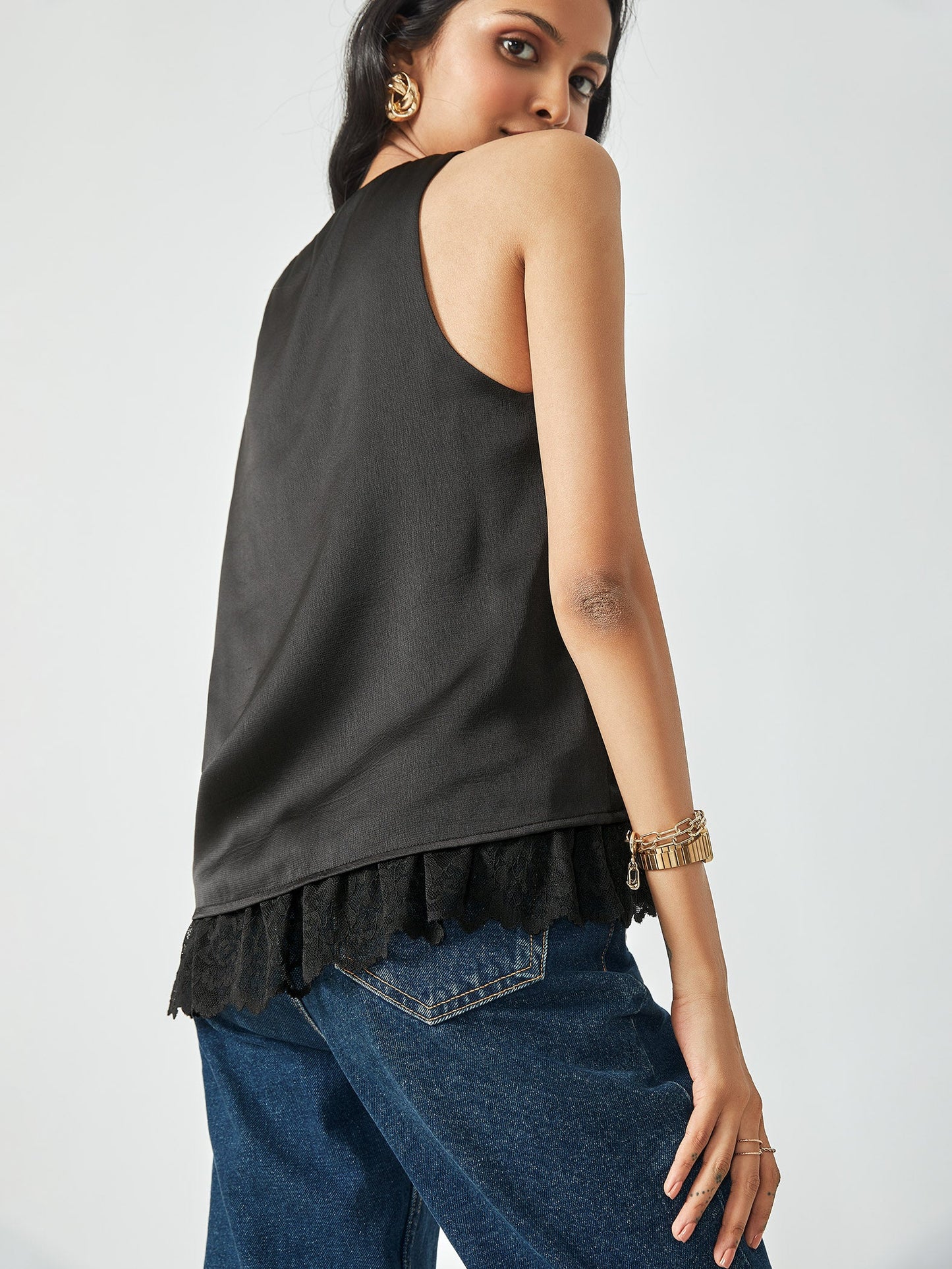 Black Satin Lace Insert Tank Top