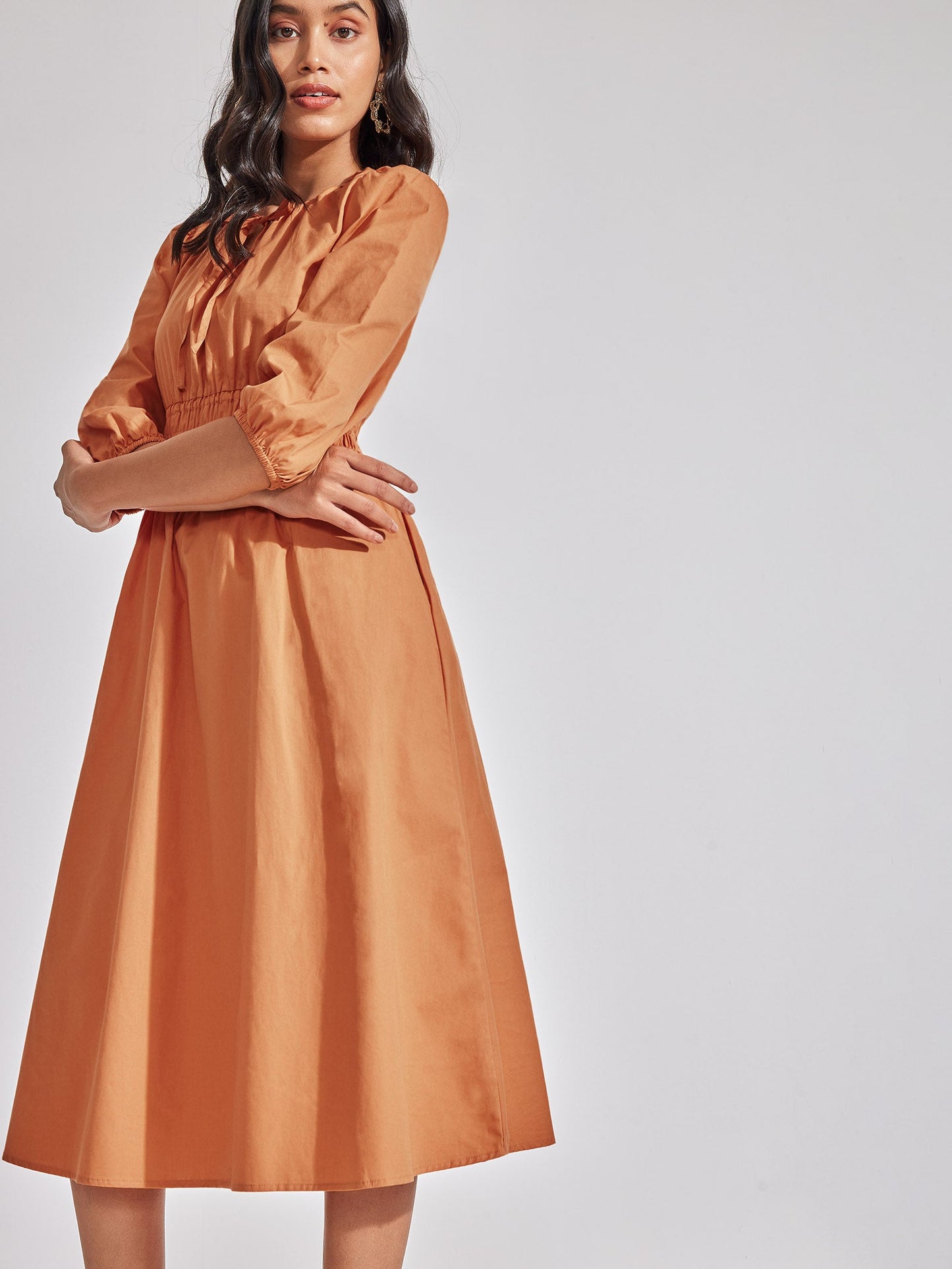 Caramel Smocked Midi Dress