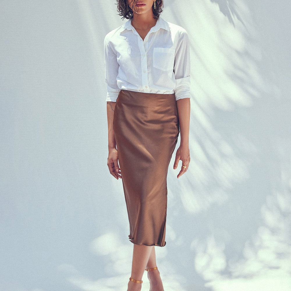 Cocoa Satin Midi Skirt