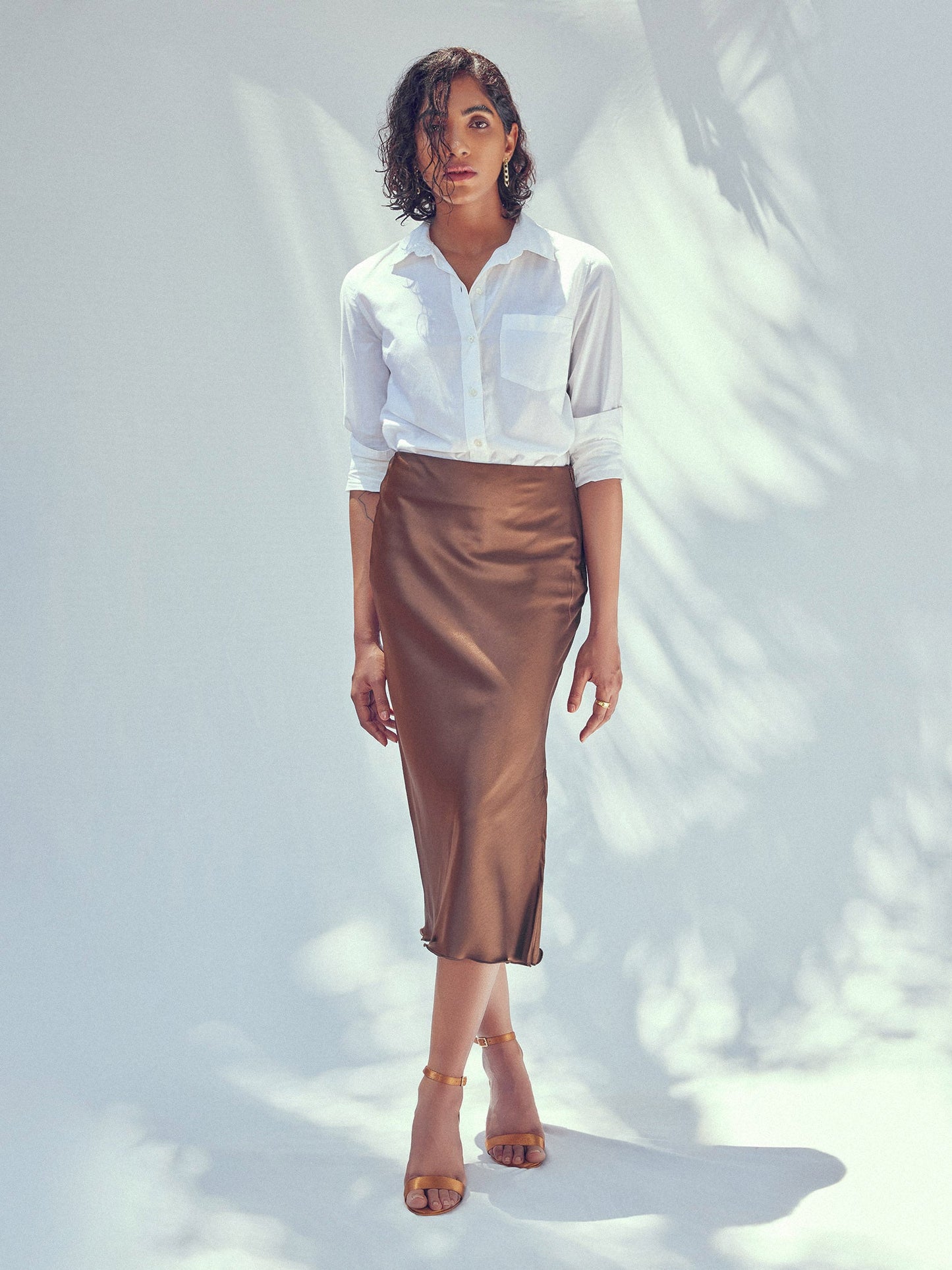 Cocoa Satin Midi Skirt