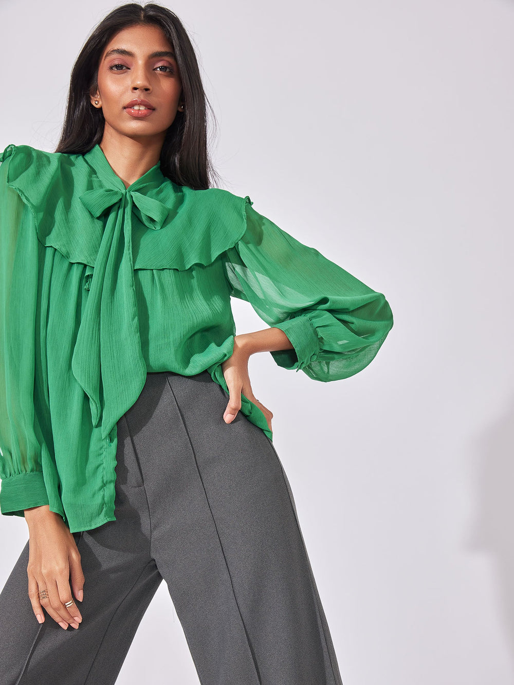 Emerald Ruffled Yoke Blouse