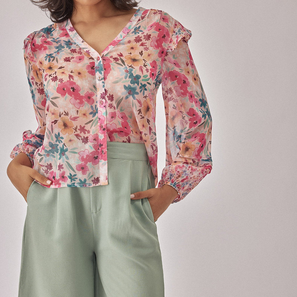 Floral Chiffon Pintuck Blouse