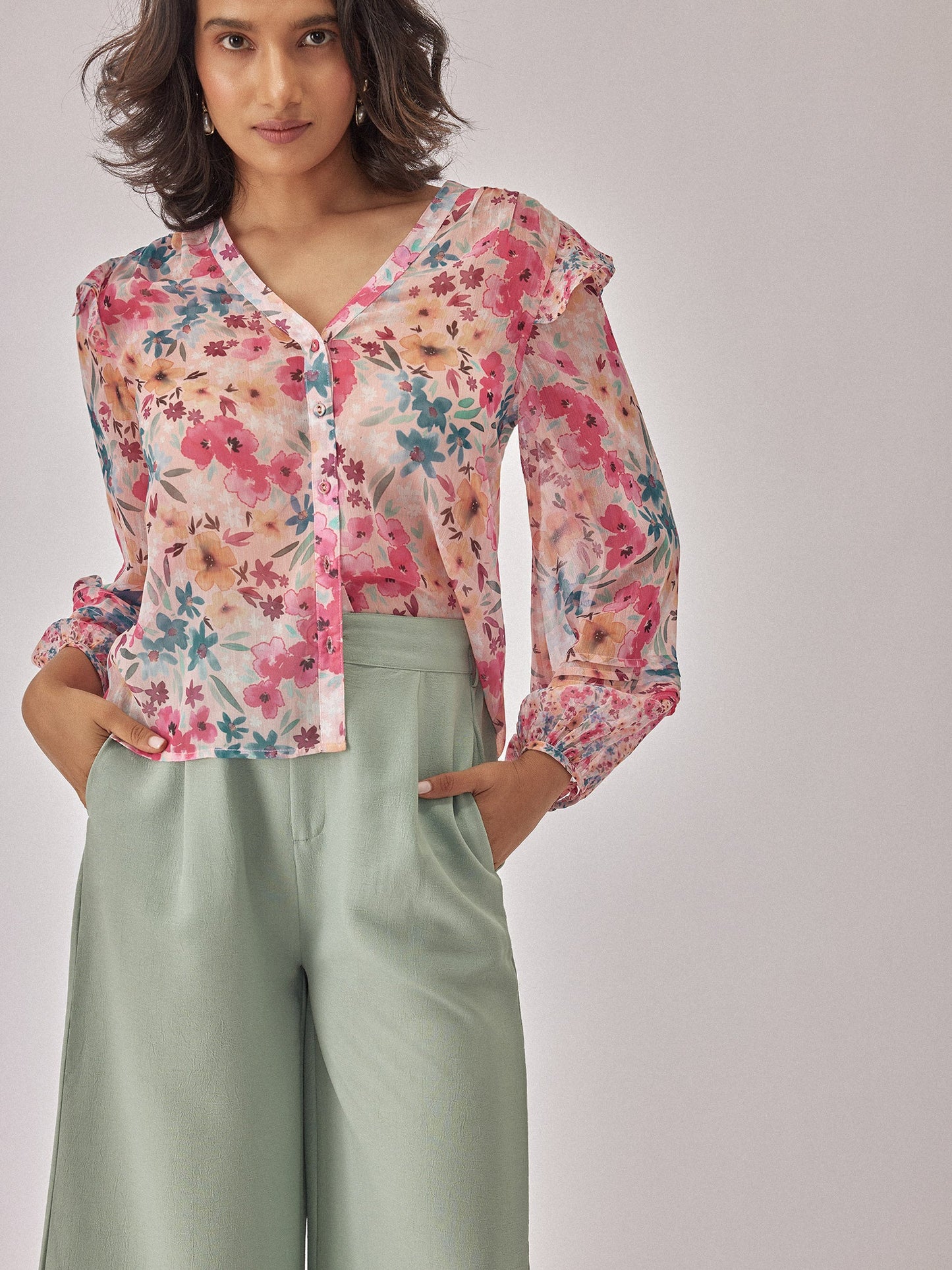 Floral Chiffon Pintuck Blouse