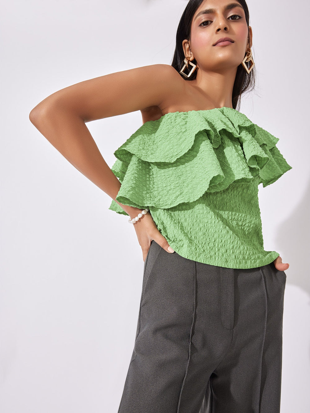 Leaf Ruffled One Shoulder Top