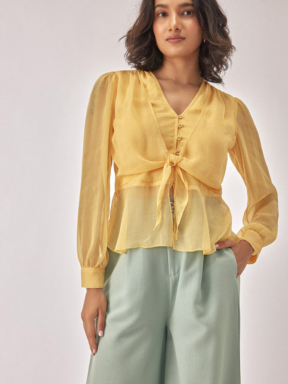 Light Yellow Chiffon Peplum Top