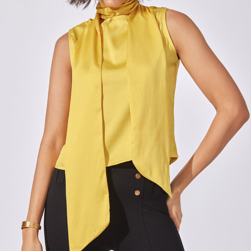 Mustard Neck Tie-Up Satin Top