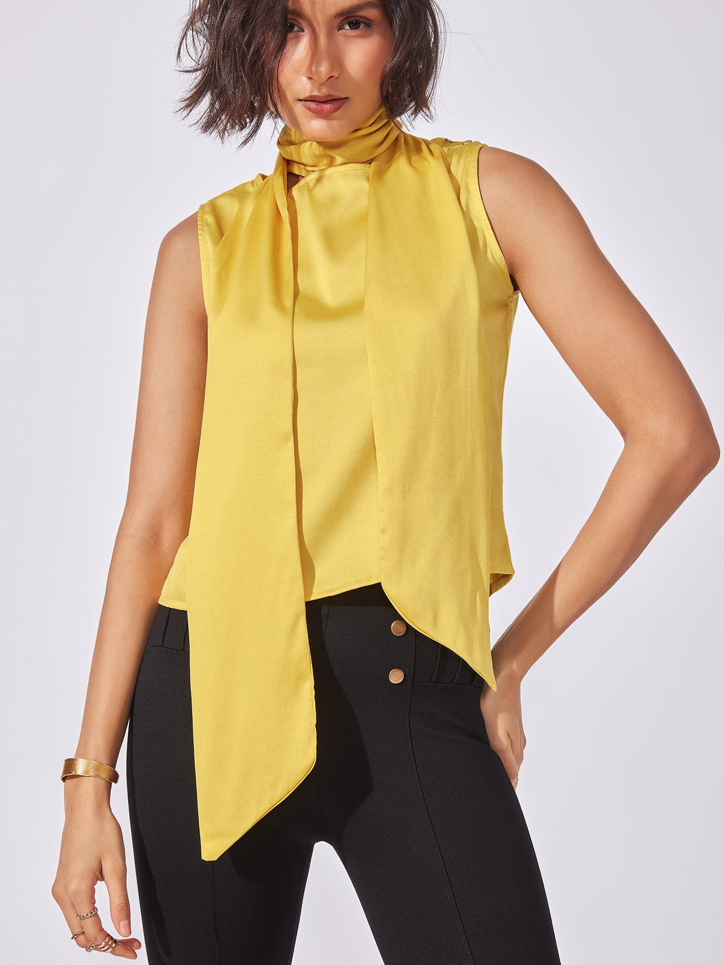 Mustard Neck Tie-Up Satin Top