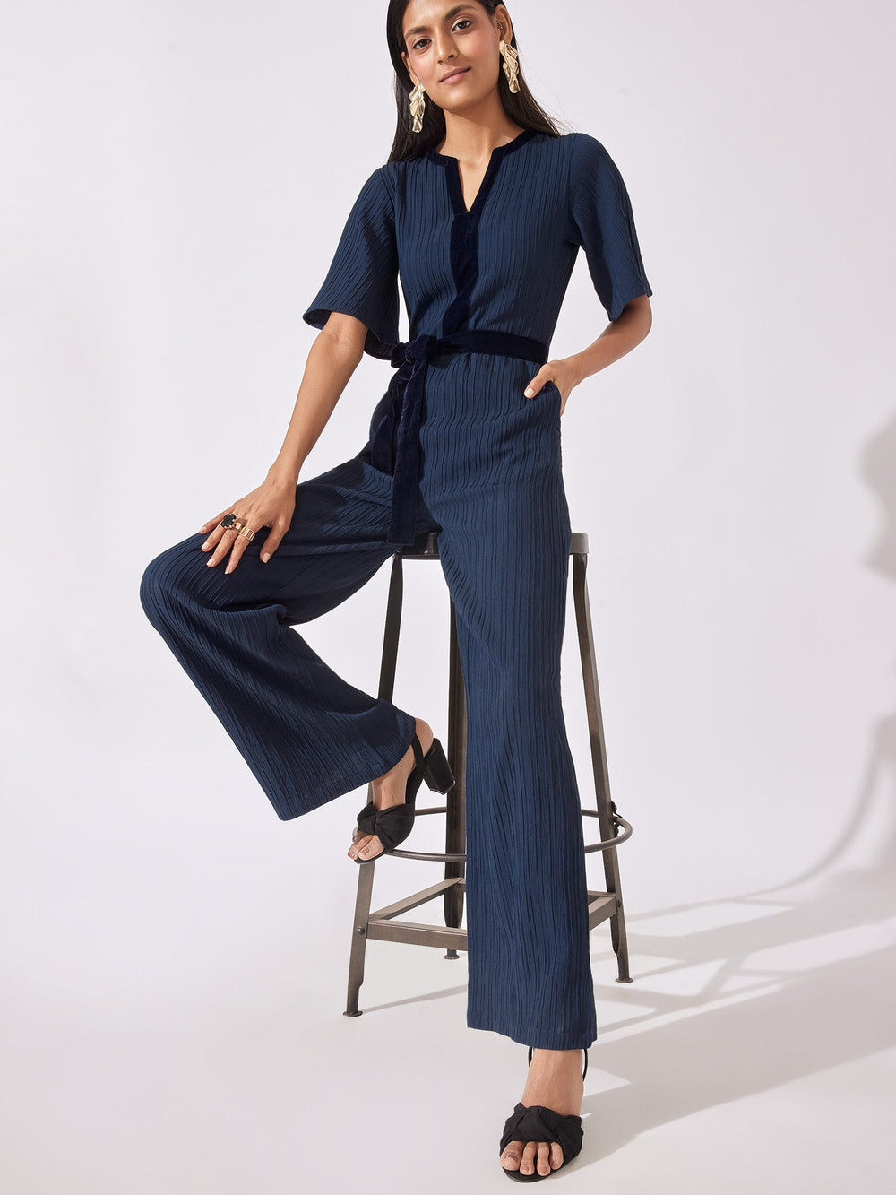 Navy Front Tie Flared Jumpsuit