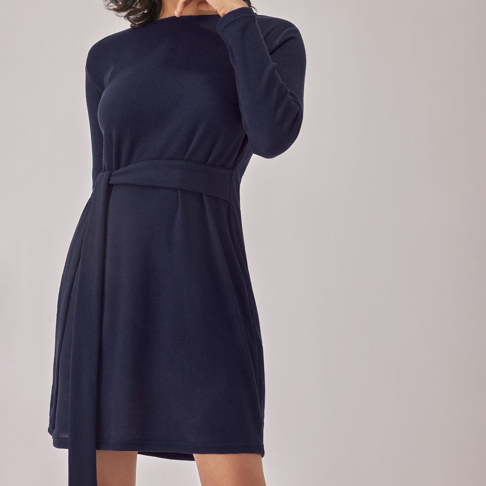 Navy Textured Self Tie Dress