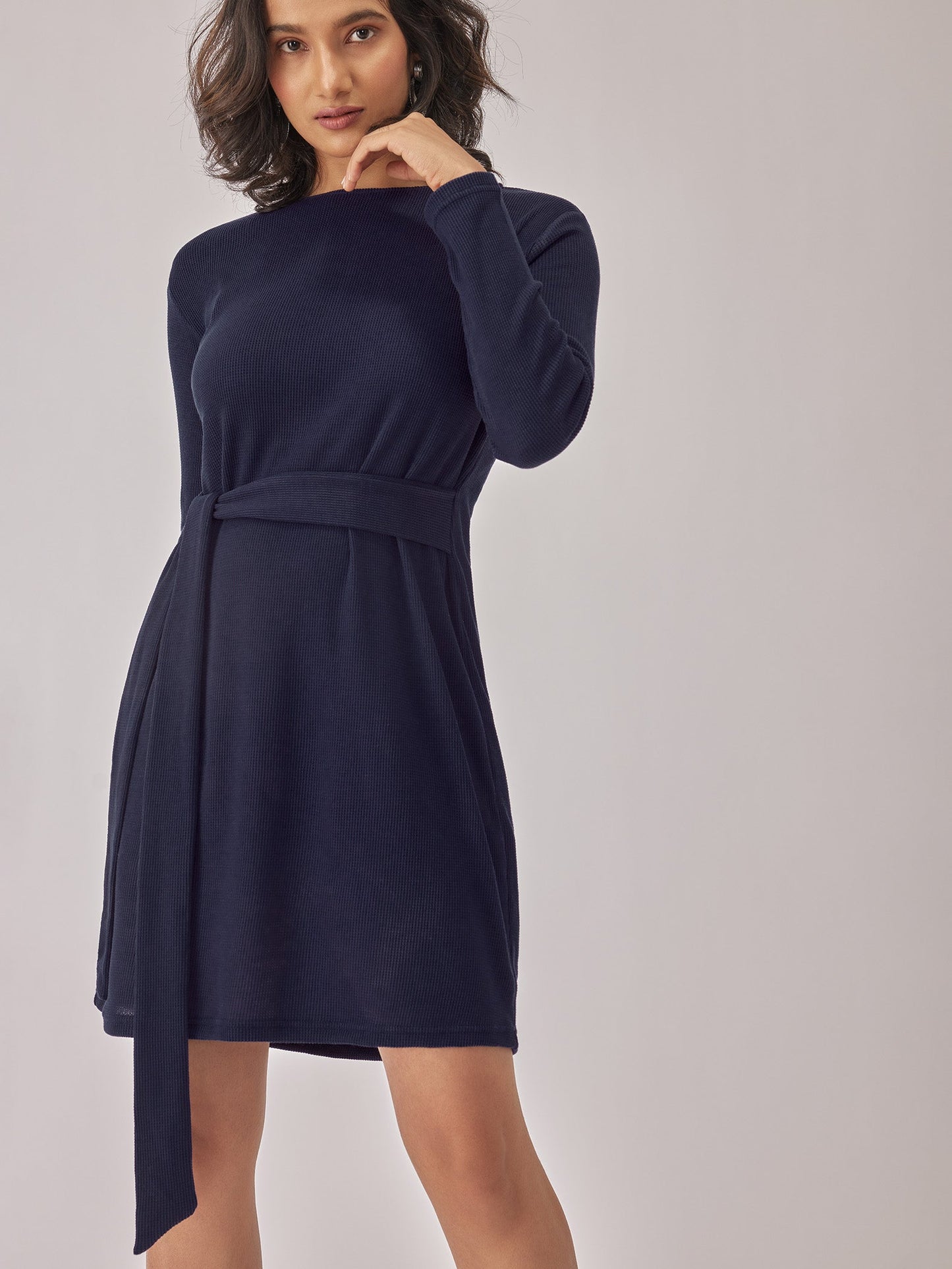 Navy Textured Self Tie Dress