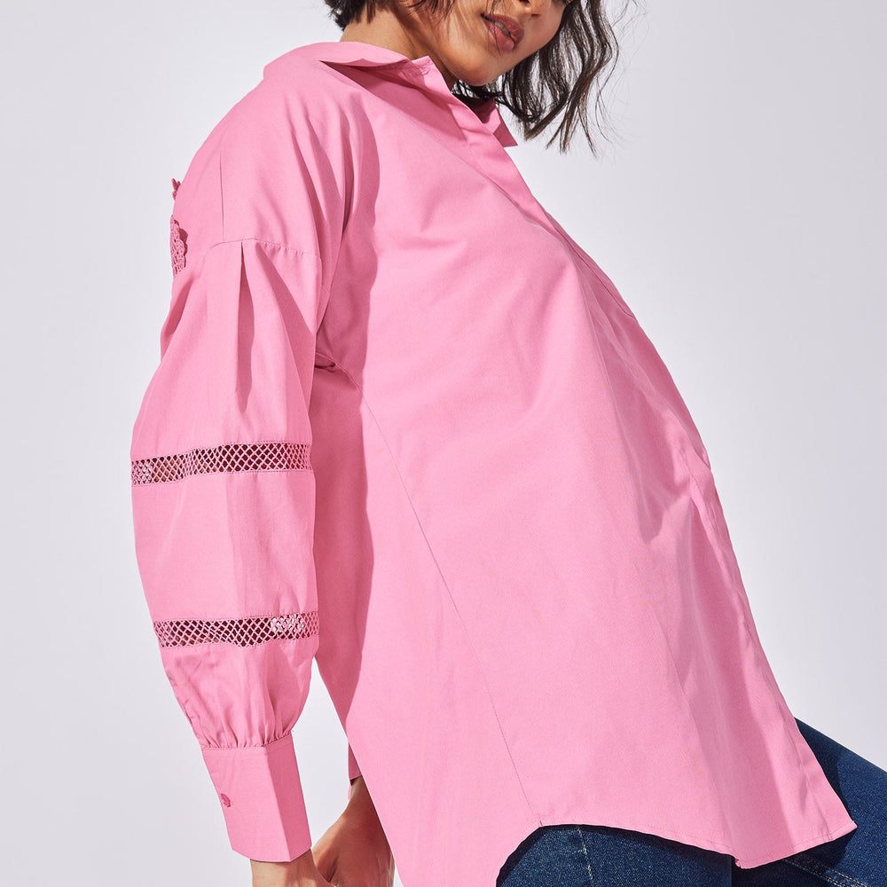 Pink Yoke Lace Insert Shirt