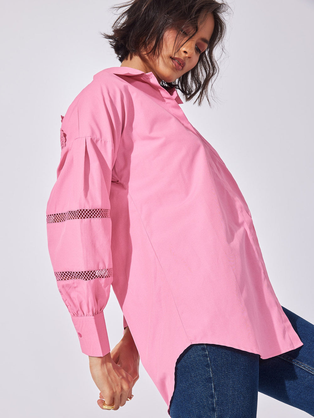 Pink Yoke Lace Insert Shirt