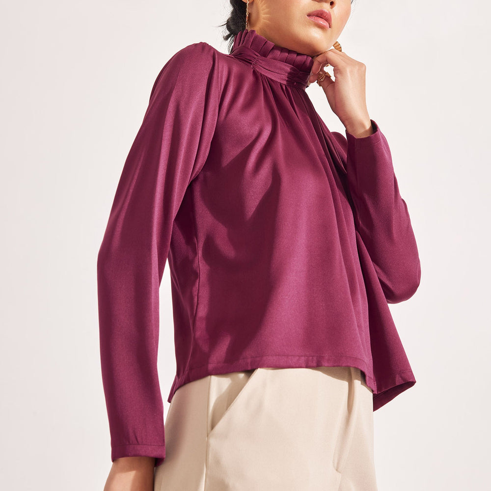 Plum Satin Ruffle Neck Top