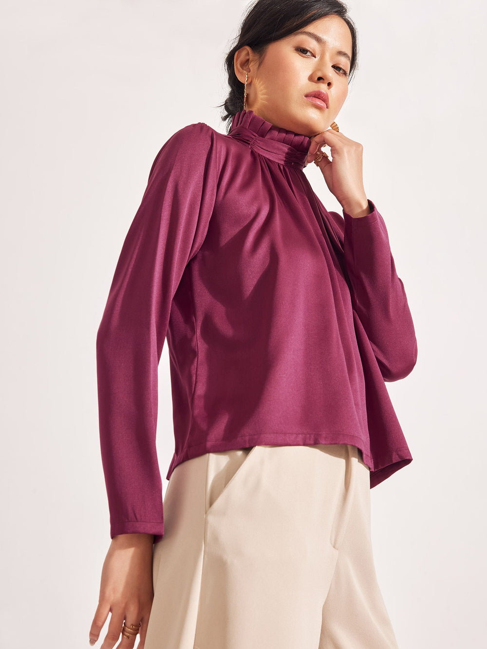 Plum Satin Ruffle Neck Top