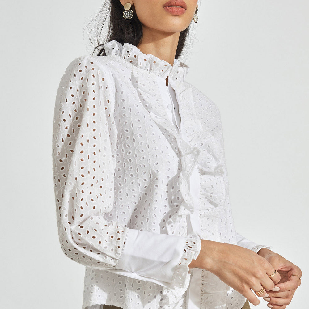 White Schiffli Ruffled Shirt