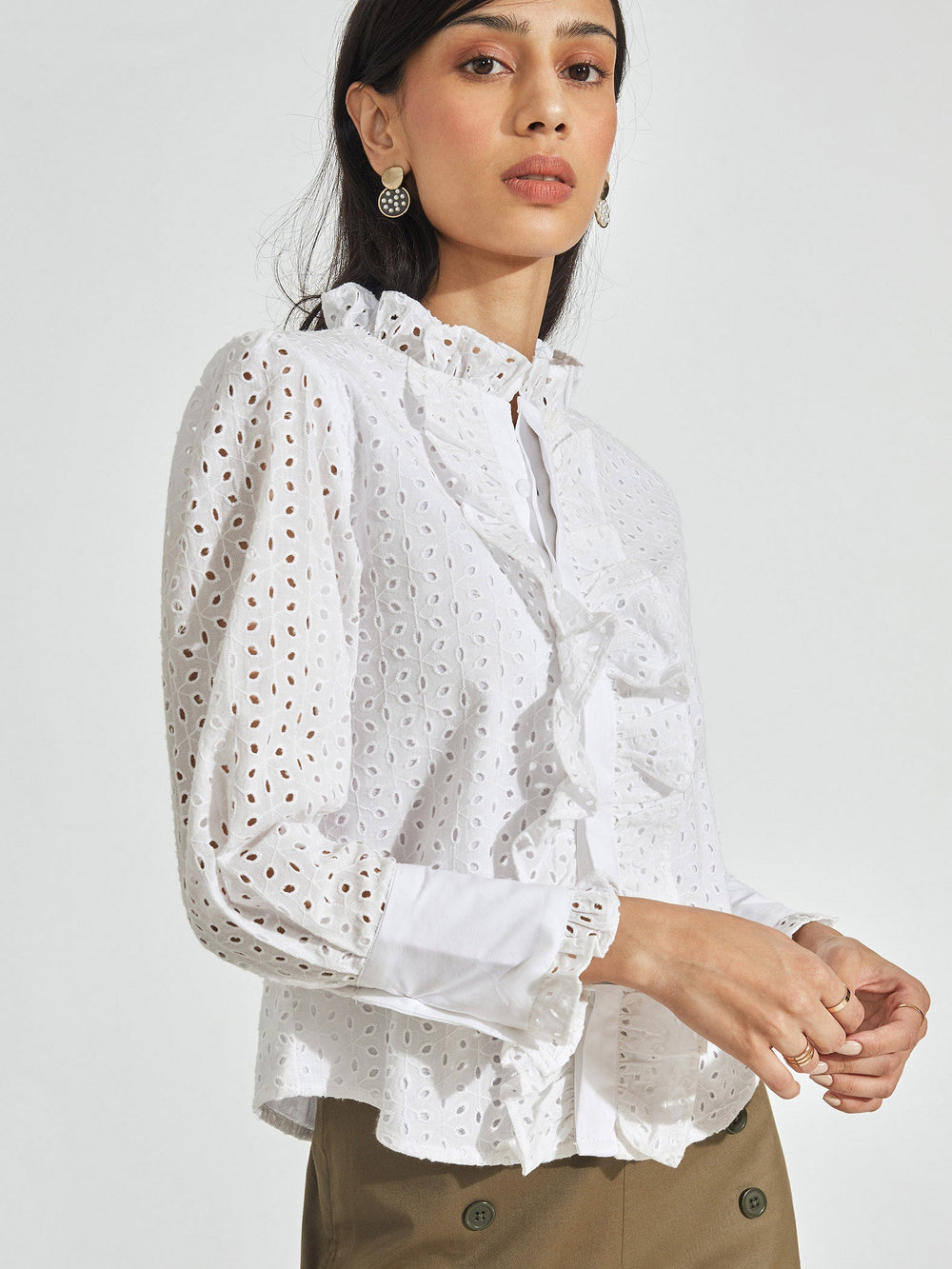 White Schiffli Ruffled Shirt