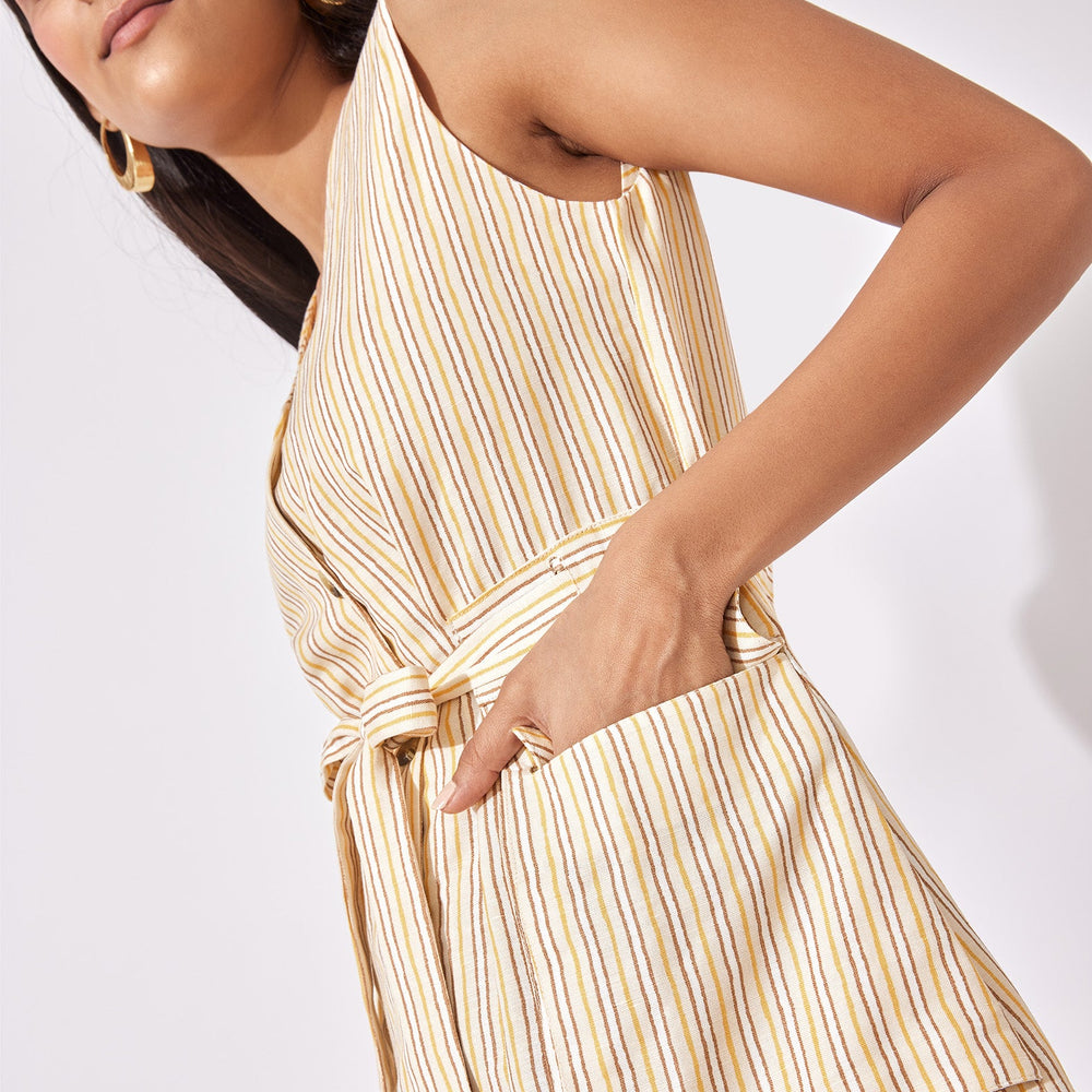 Striped V Neck Belted Dress