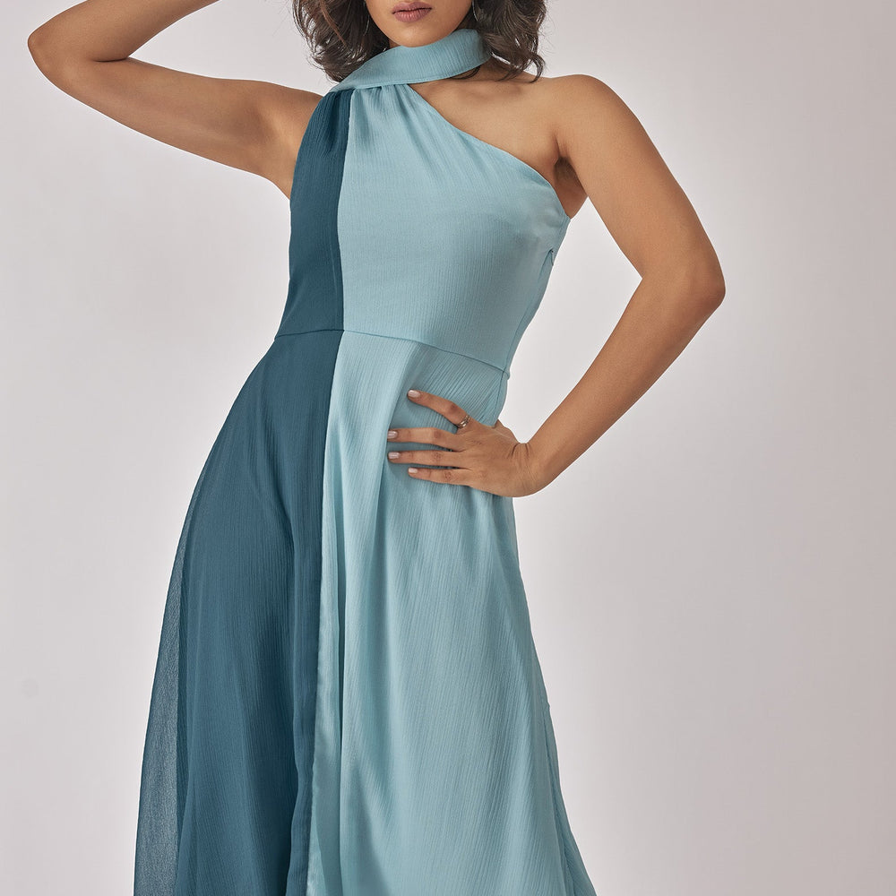 Teal Colourblock Wrap Neck Dress