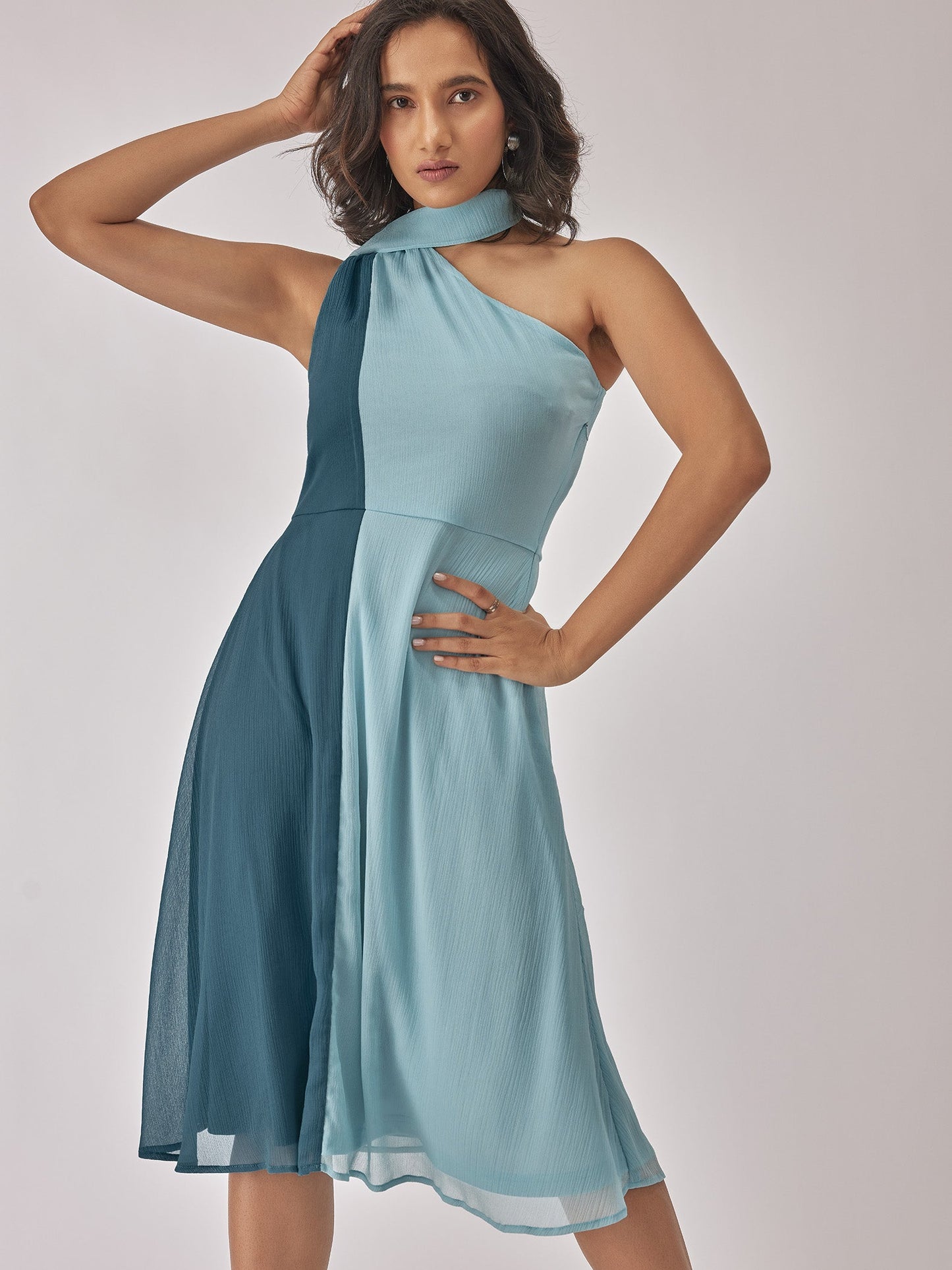 Teal Colourblock Wrap Neck Dress