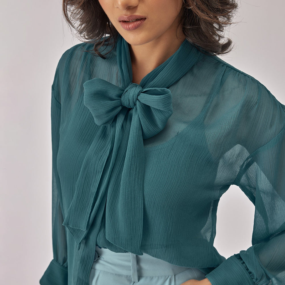 Turkish Blue Chiffon Pussybow Top