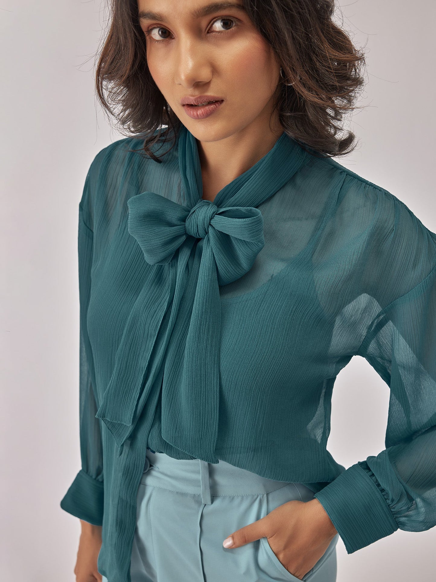 Turkish Blue Chiffon Pussybow Top