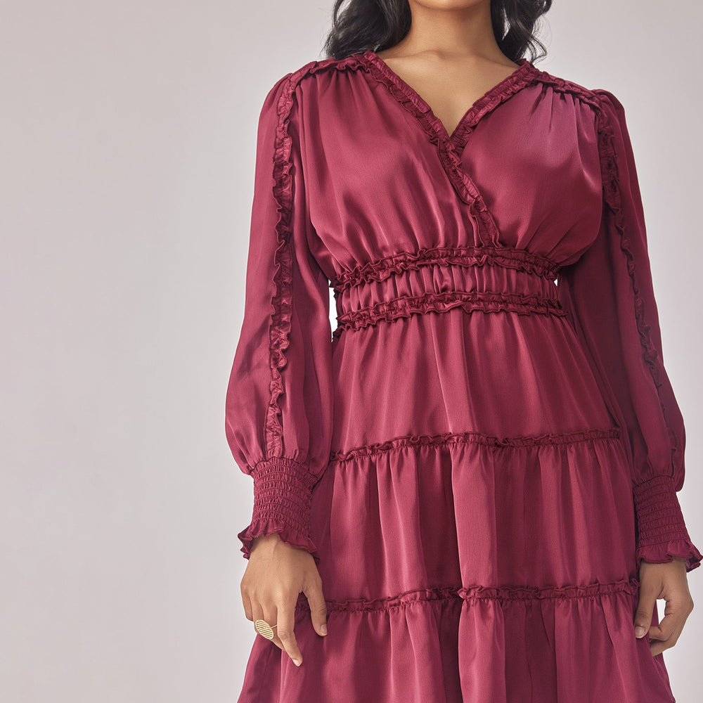 Wine Satin Tiered Dress