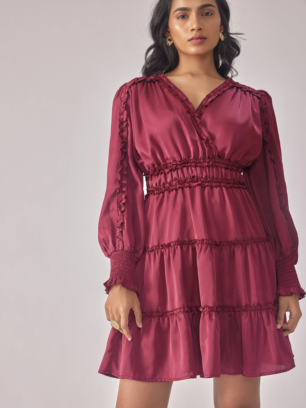 Wine Satin Tiered Dress