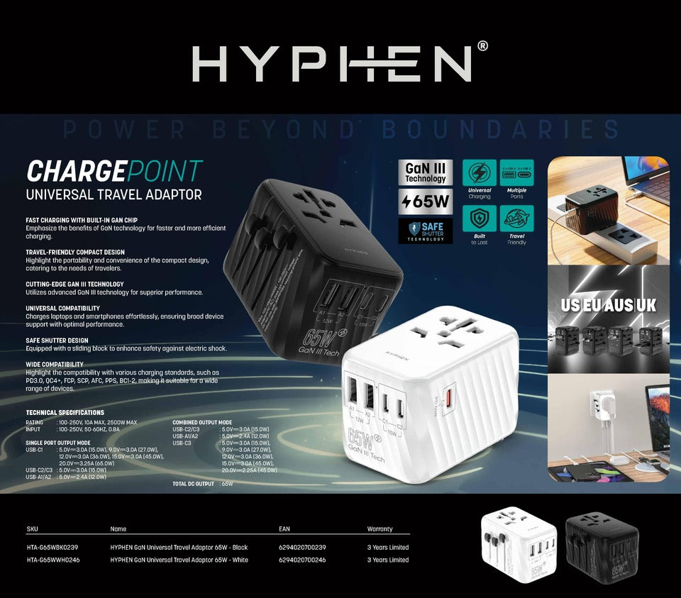 
                      
                        HYPHEN CHARGEPOINT GaN Universal Travel Adaptor 100W - Black
                      
                    