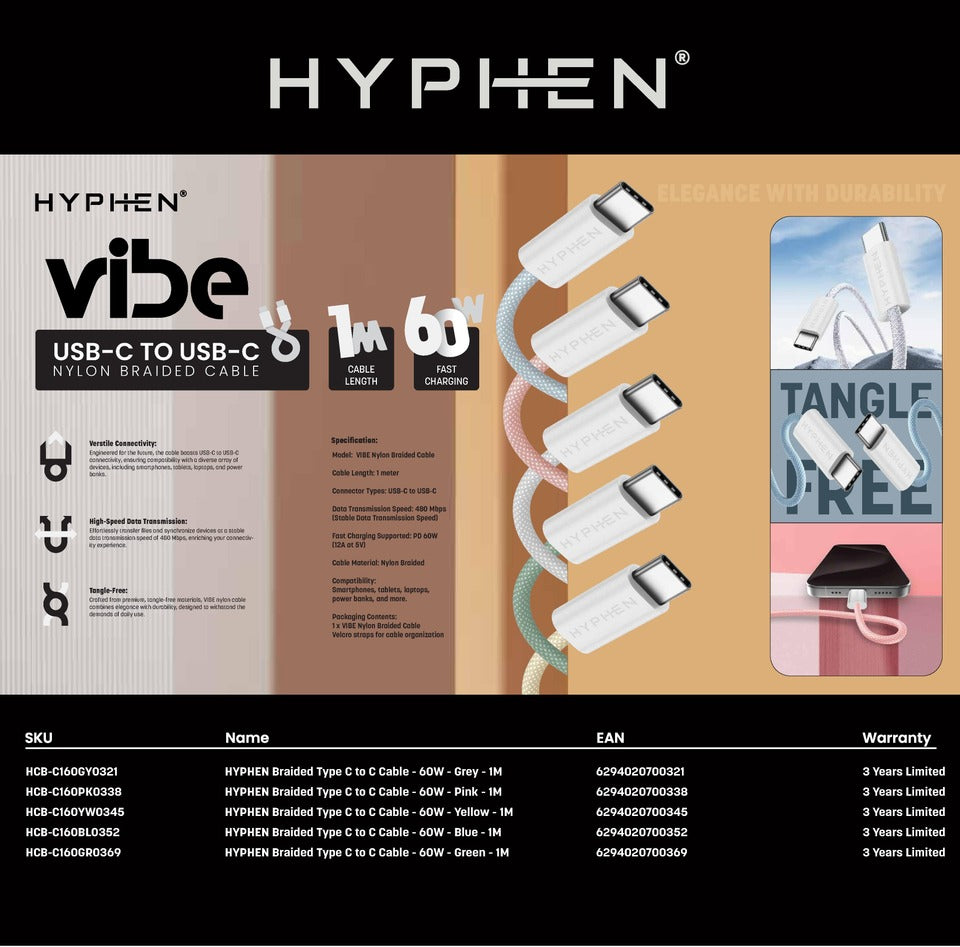 
                      
                        HYPHEN VIBE Braided Type C to C Cable - 60W - Pink - 1M
                      
                    